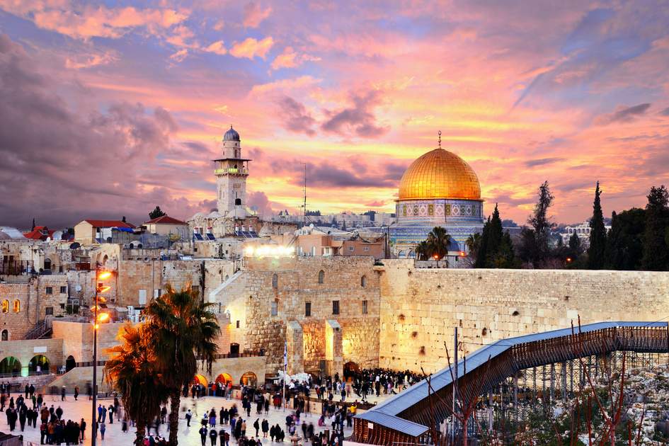 Skyline of the Old City at he Western Wall and Temple Mount in Jerusalem, Israel.