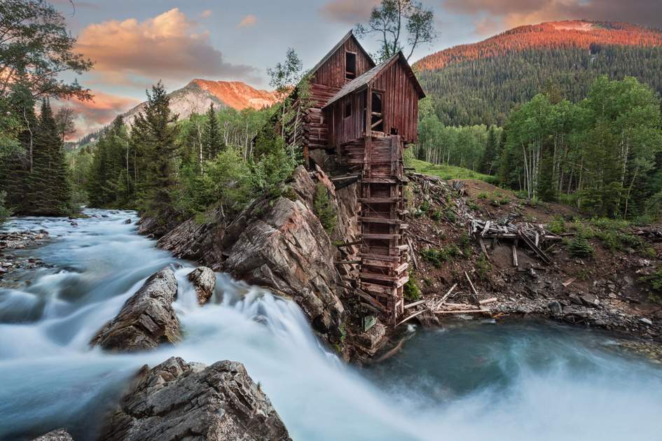 Crystal River sunset with Crystal Mill in Colorado