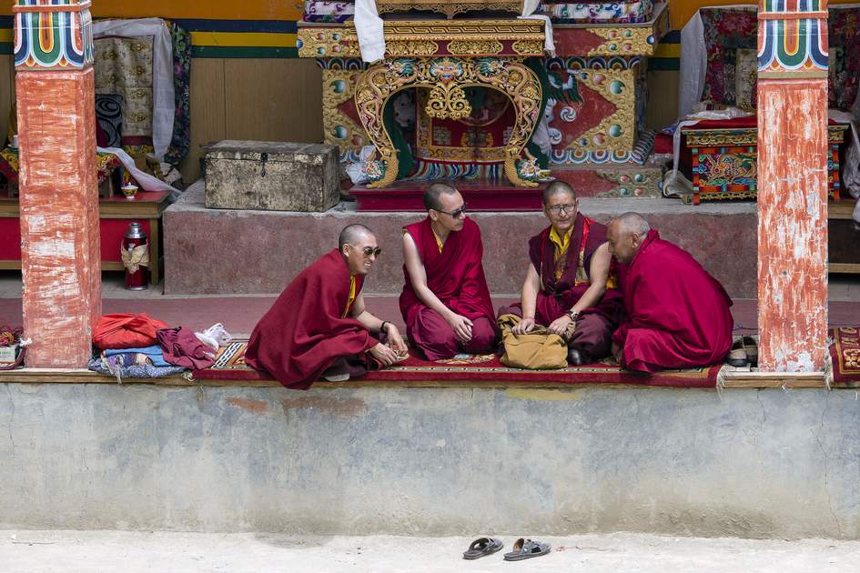 Buddhist monks during the Yuru Kabgyat Buddhist Festival at Lamayuru Gompa, Ladakh, North India