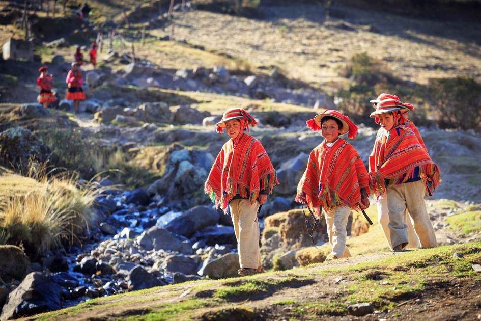 Unidentified people in traditional clothes in village Huilloc, Peru. Sacred Valley is most important regions of the Inca civilization.