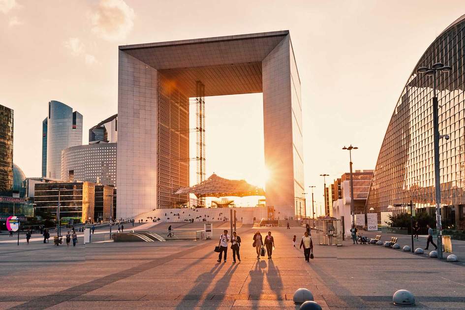 The Grande Arche de la Défense at sunset, Paris