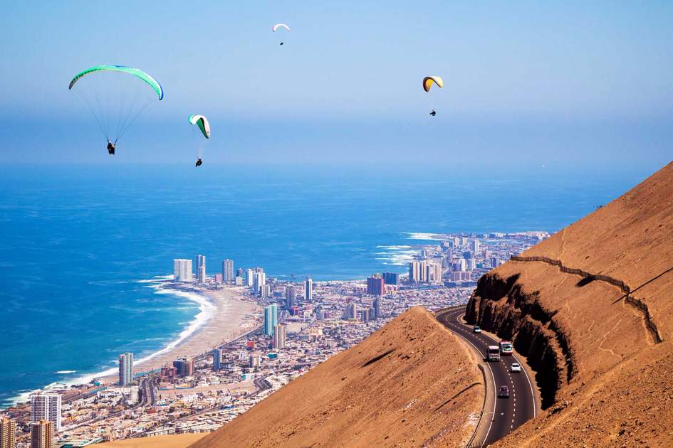 Paragliding toward Iquique from the Atacama Desert, Chile