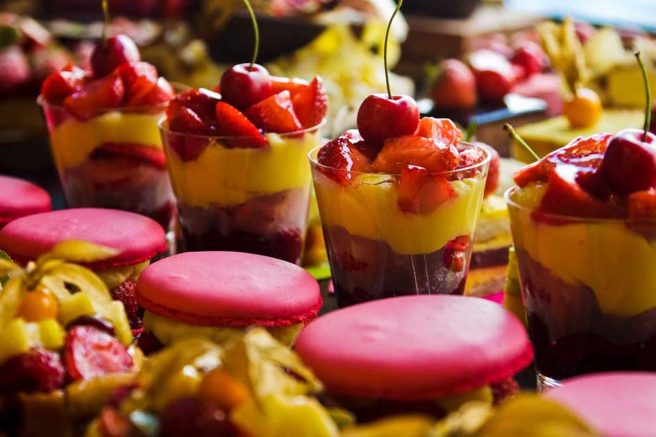 French desserts in a Paris pastry store window.